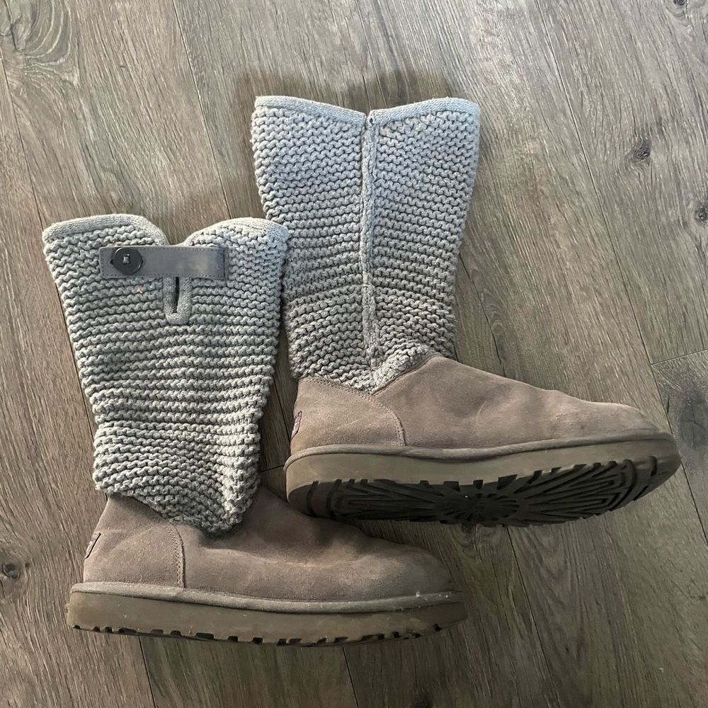Ugg Knit Cuff Suede Winter Boots - Light Gray